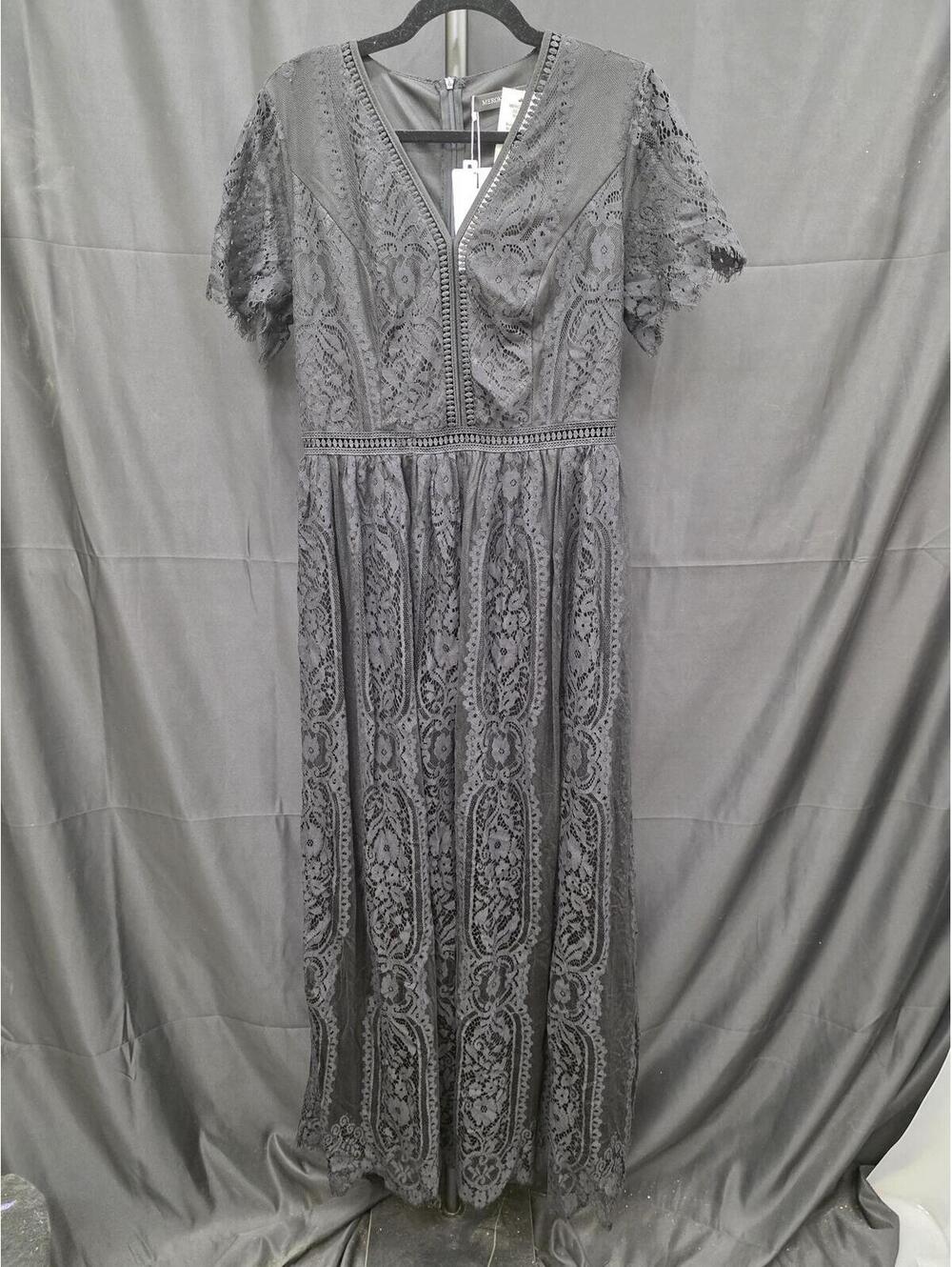 MEROKEETY LACE V‑NECK MAXI DRESS SHORT SLEEVE WEDDING BRIDESMAID BLACK L